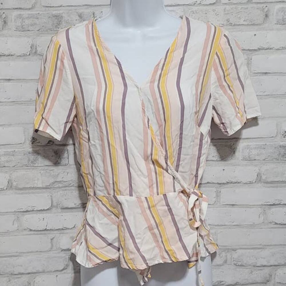 Paper Crane Pink Orange Vertical Striped Wrap Blouse Womens Summer Small Peplum